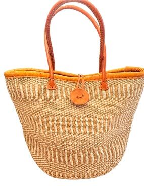 Handwoven Women’s Sisal Market Bag W/ Leather Handles & Trim EUC